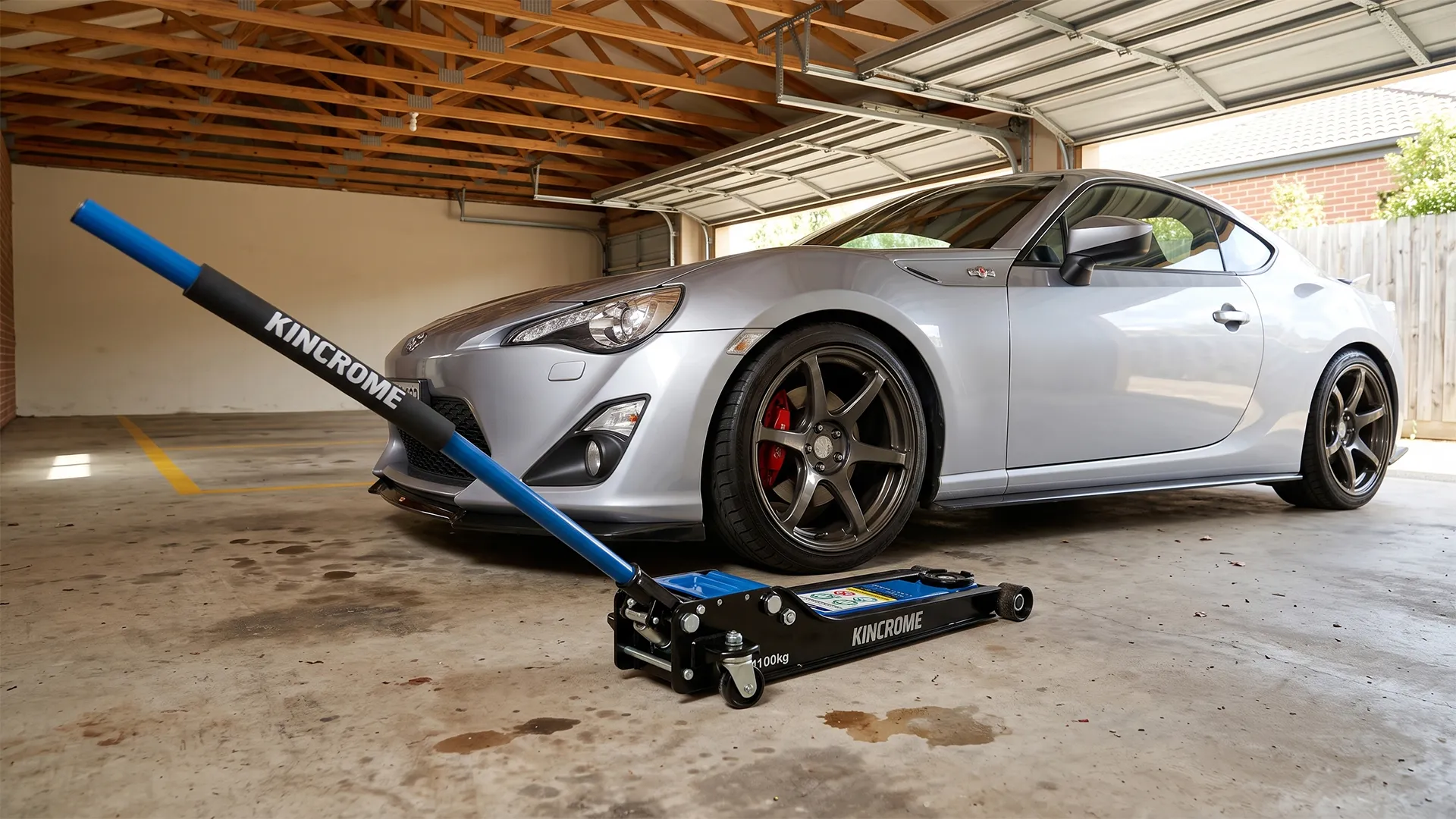 low-profile-jack-sports-car-gt86 Kincrome K12164 super low-profile garage jack on the floor in front of a lowered silver Toyota 86 on aftermarket wheels, home garage