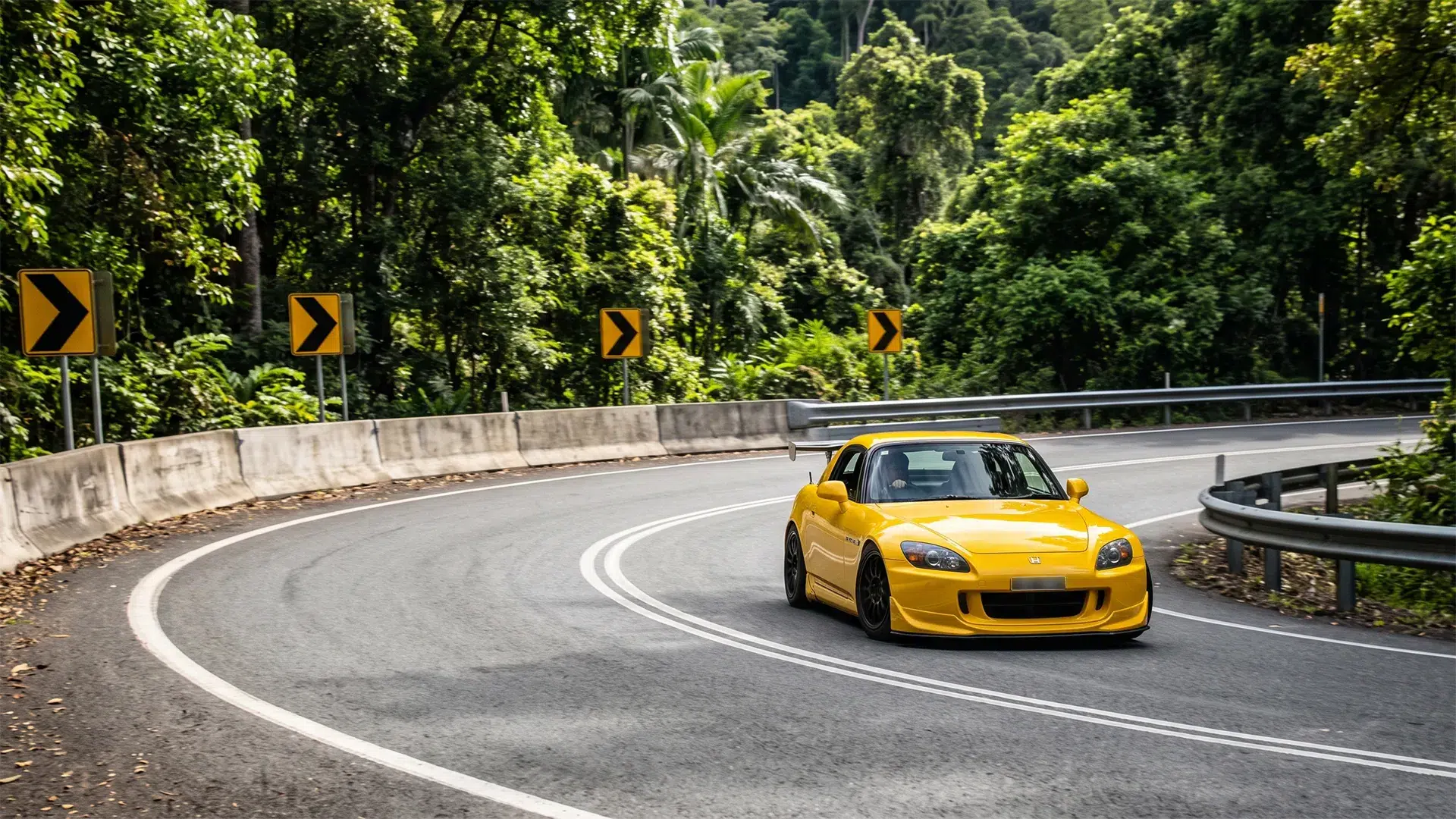 gilles-ranges-drive-guide-s2000 Yellow Honda S2000 cornering past four chevron warning signs on a rainforest-lined range road