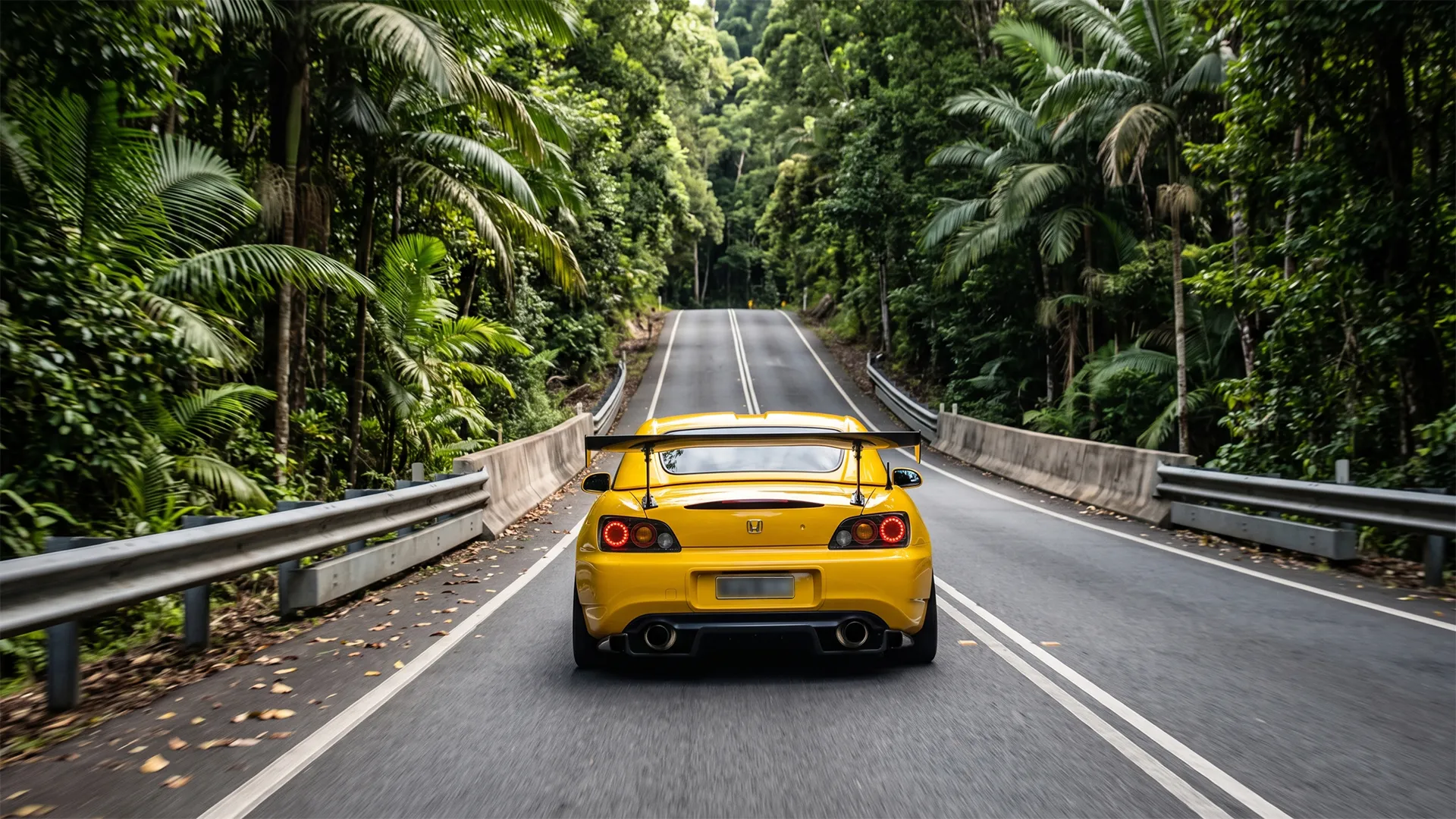 Rear view of a yellow Honda S2000 driving away between guardrails on a palm-lined rainforest road