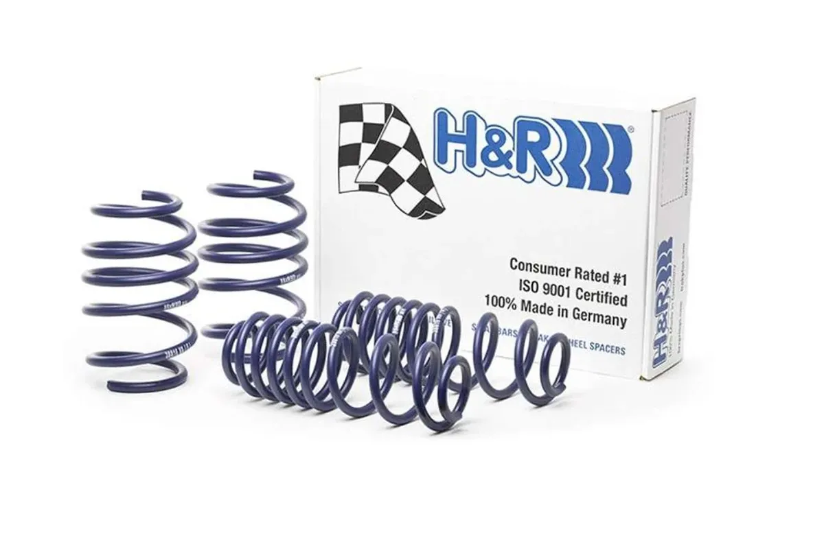Set of blue H&R lowering springs beside their white H&R box on a white background