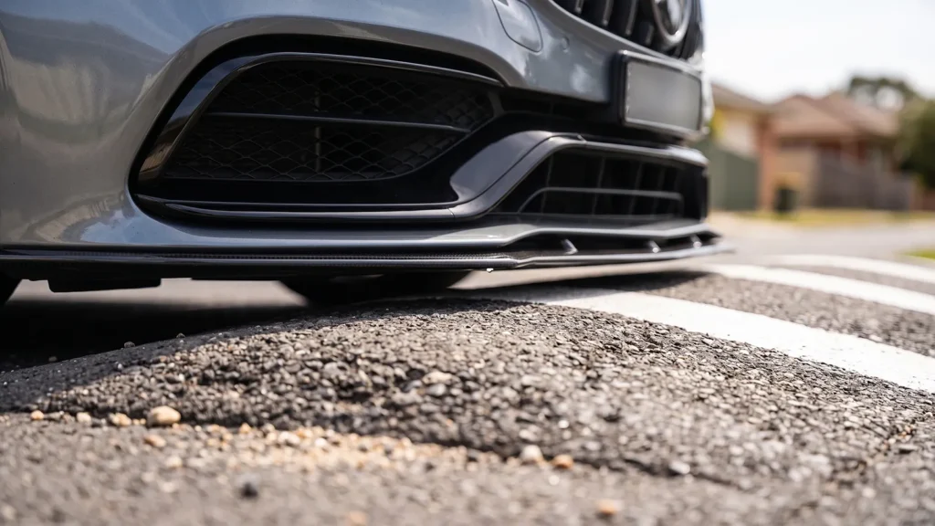 Front splitter of a grey Mercedes-AMG C63 clearing an asphalt speed hump by millimetres, seen from road level