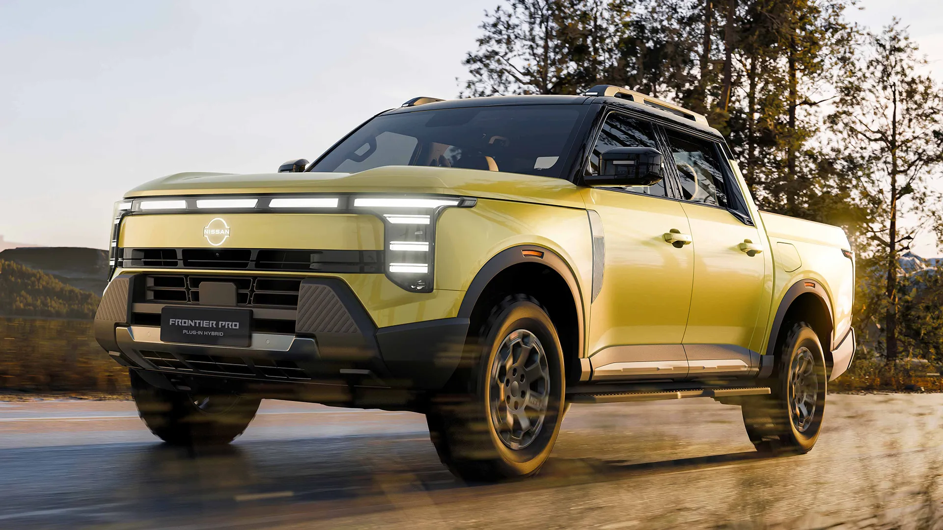 2027-nissan-frontier-pro-phev Nissan Frontier Pro plug-in hybrid dual-cab ute in sand yellow driving a forest road at sunset