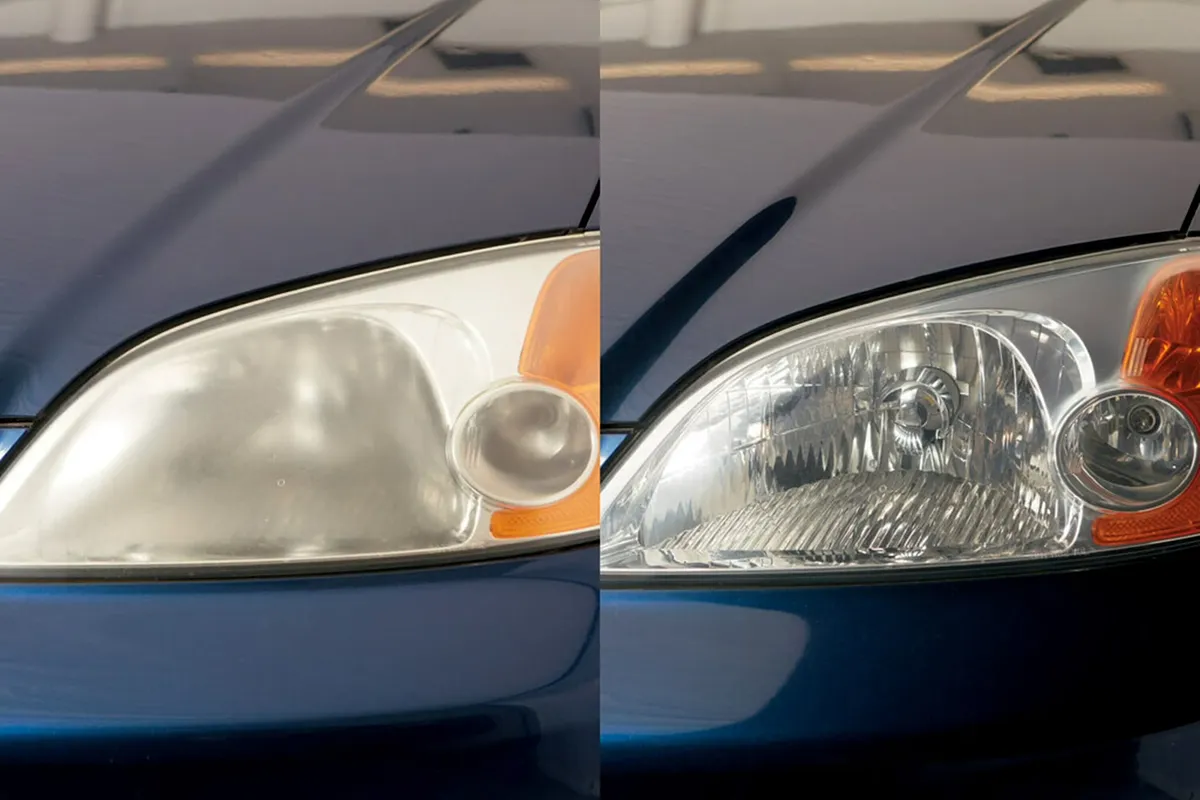 Blue hatchback headlight before and after restoration, hazy white lens beside clear restored lens