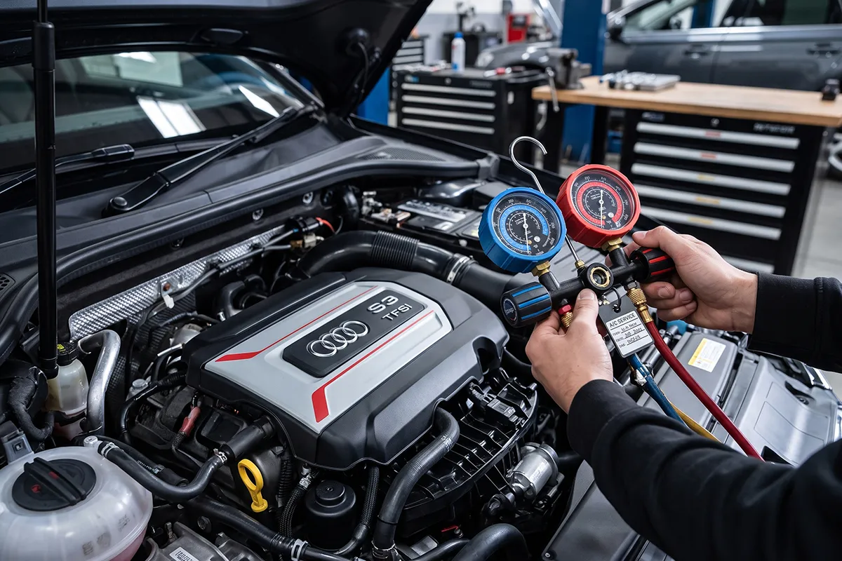 Technician holding air conditioning manifold gauges over an Audi S3 engine bay during an aircon service