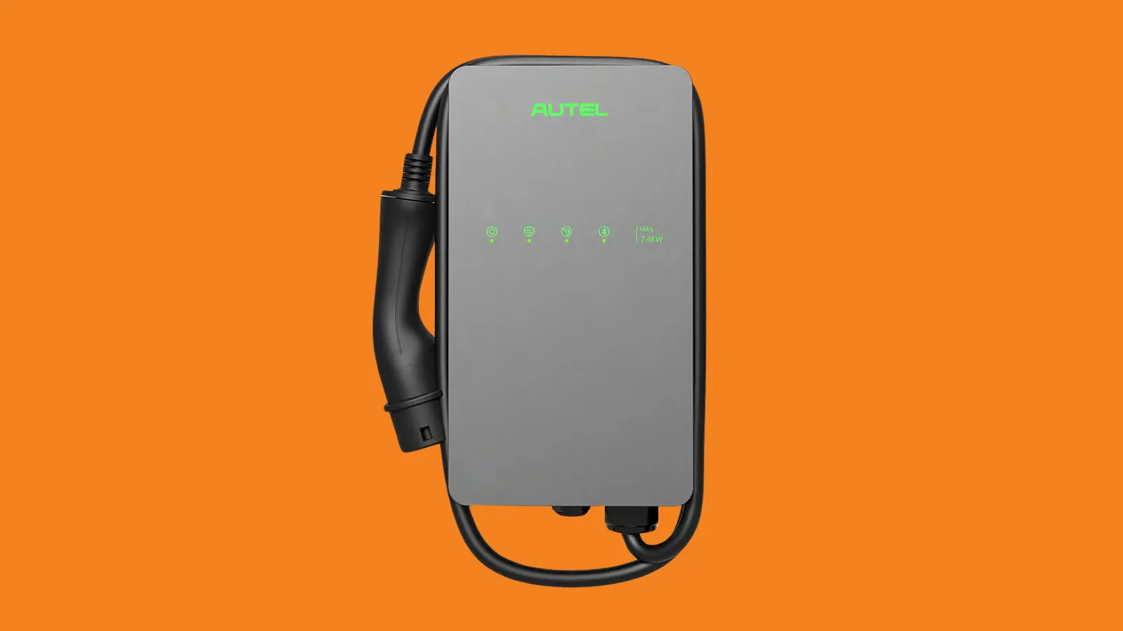 Autel MaxiCharger AC Lite 7.4kW home EV charger with tethered Type 2 cable on orange background