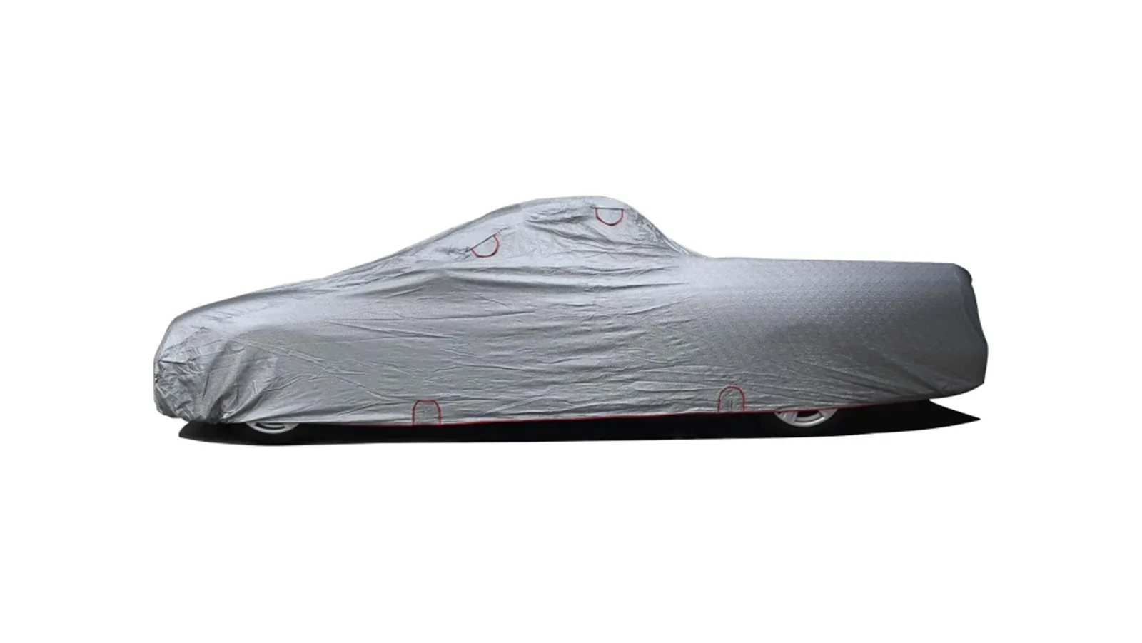 Silver weatherproof car cover fitted to a single cab ute, side profile on a white background