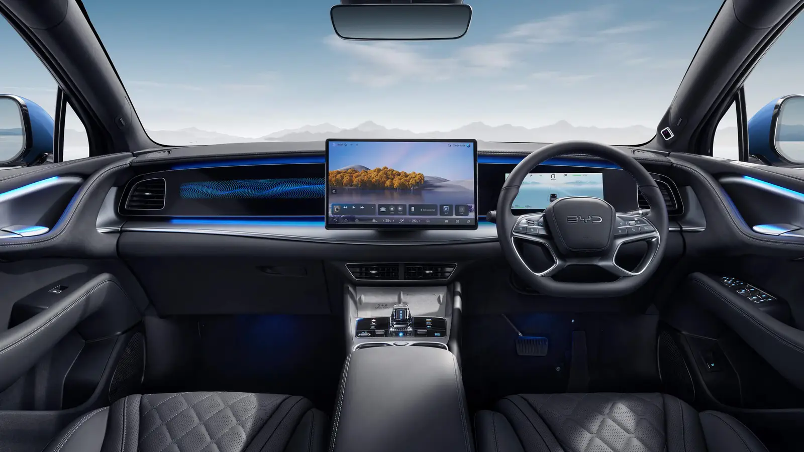 Right-hand-drive BYD Sealion 7 dashboard with 15.6-inch rotating touchscreen, digital driver display and quilted seats