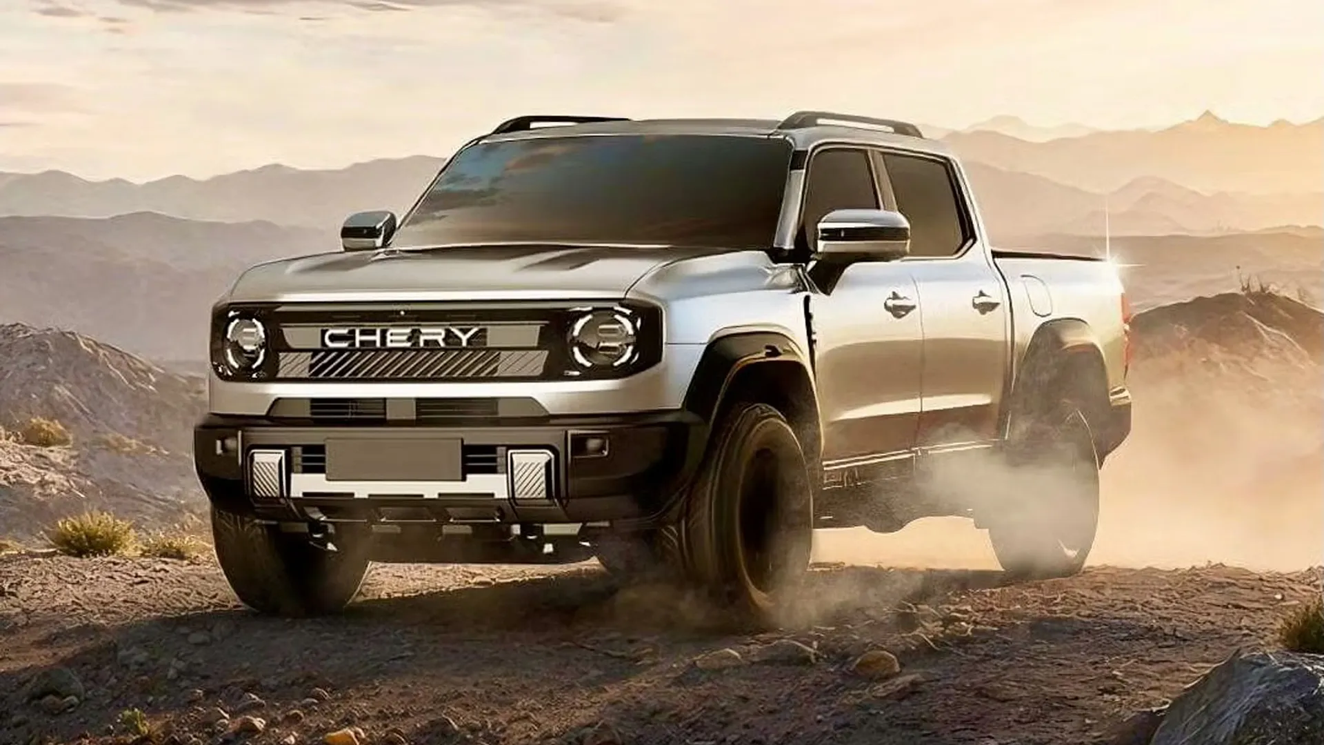 Early preview image of Chery's diesel plug-in hybrid dual-cab ute in silver, kicking up dust on a mountain track