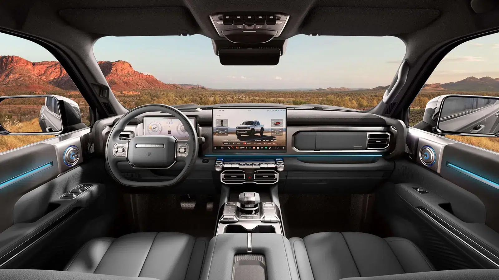 Chery Stockman cabin showing the dual screens, centre console drive-mode dial and off-road switchgear, outback beyond windscreen