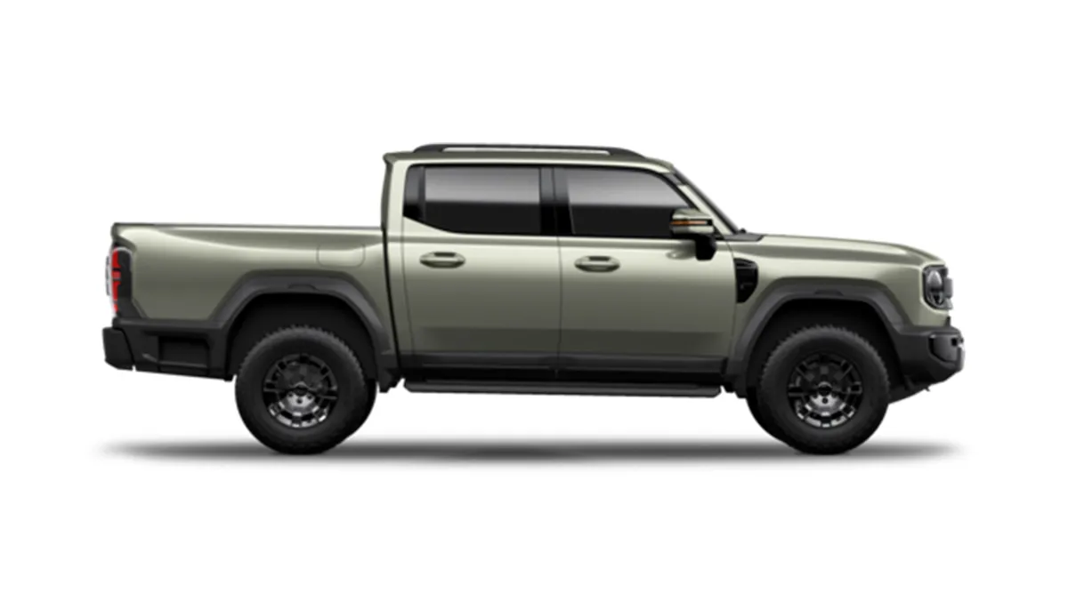 Side profile of the Chery Stockman dual-cab ute in Serpentine green, showing the tub and all-terrain tyres