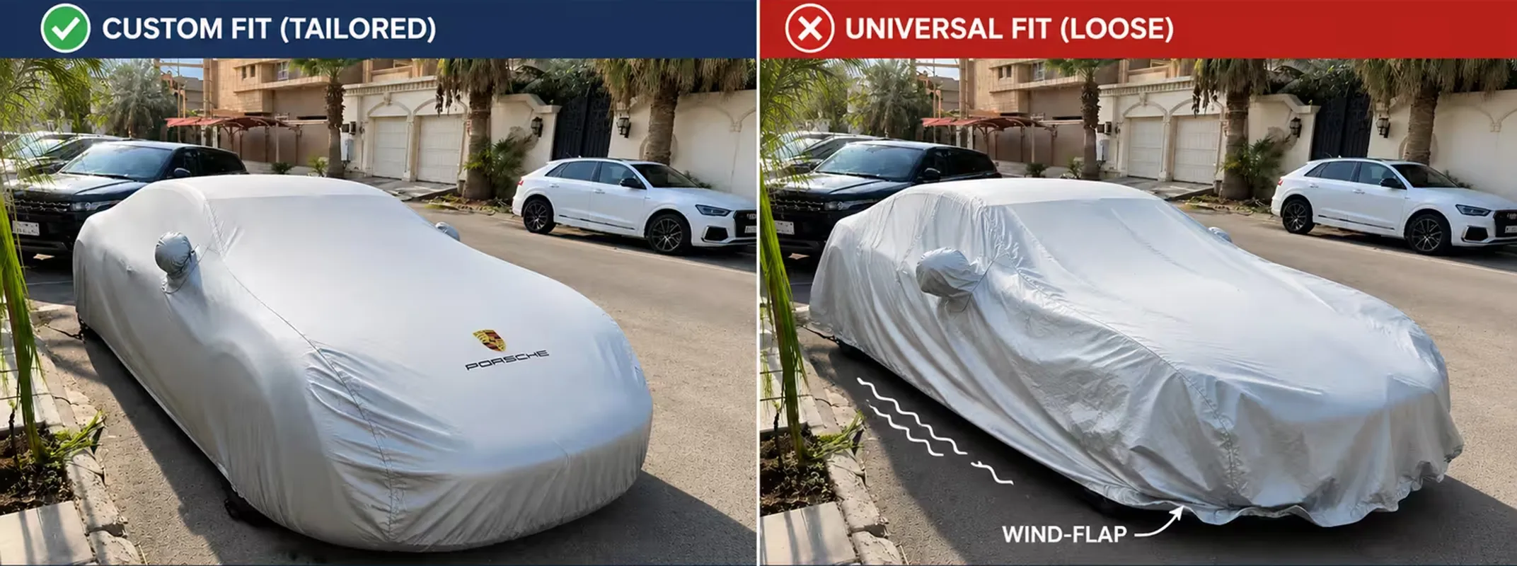 Split comparison showing a tight custom-fit Porsche cover beside a loose universal cover flapping at the sill