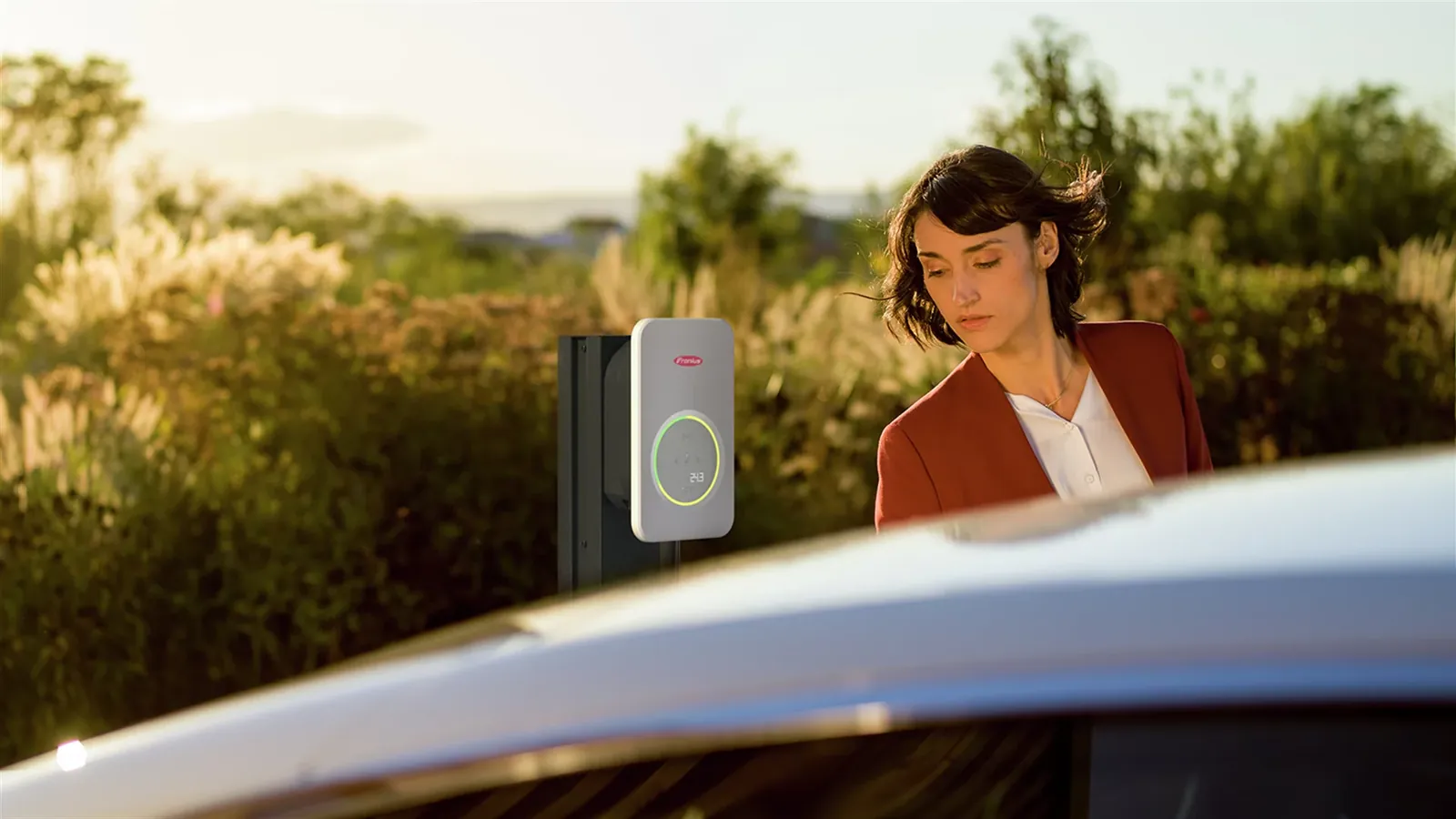 Fronius Wattpilot Flex Home EV charger on a post beside a parked car at sunset