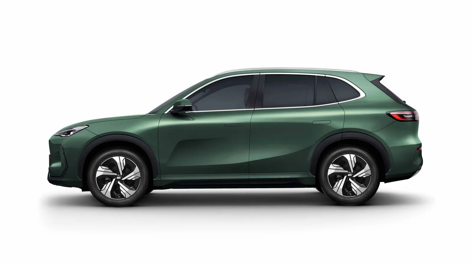 Jungle Green Geely EX5 electric SUV in full side profile on a white background