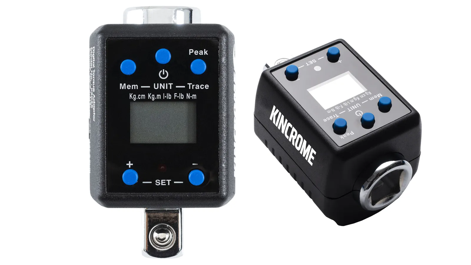 Two views of the Kincrome K8035 half-inch drive digital torque adaptor showing its LCD screen and buttons