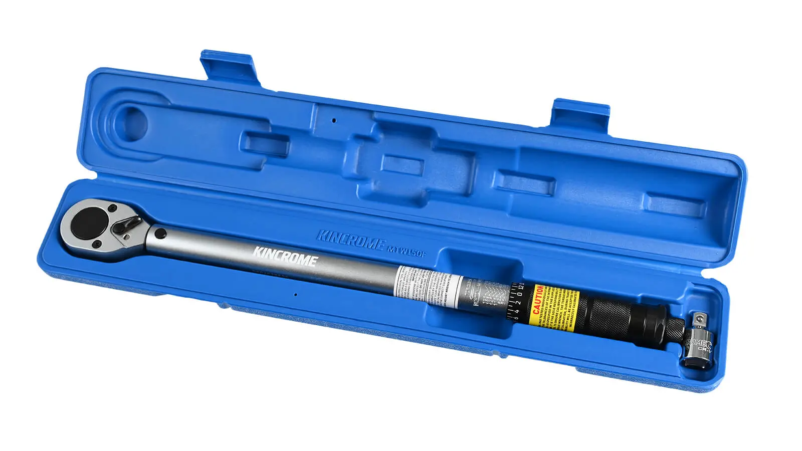 Kincrome MTW150F half-inch drive micrometer click torque wrench sitting in its blue moulded storage case