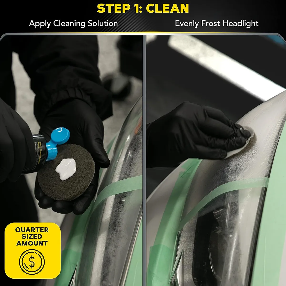 Step 1 of the Meguiars Two Step kit, applying cleaning solution and frosting the headlight surface