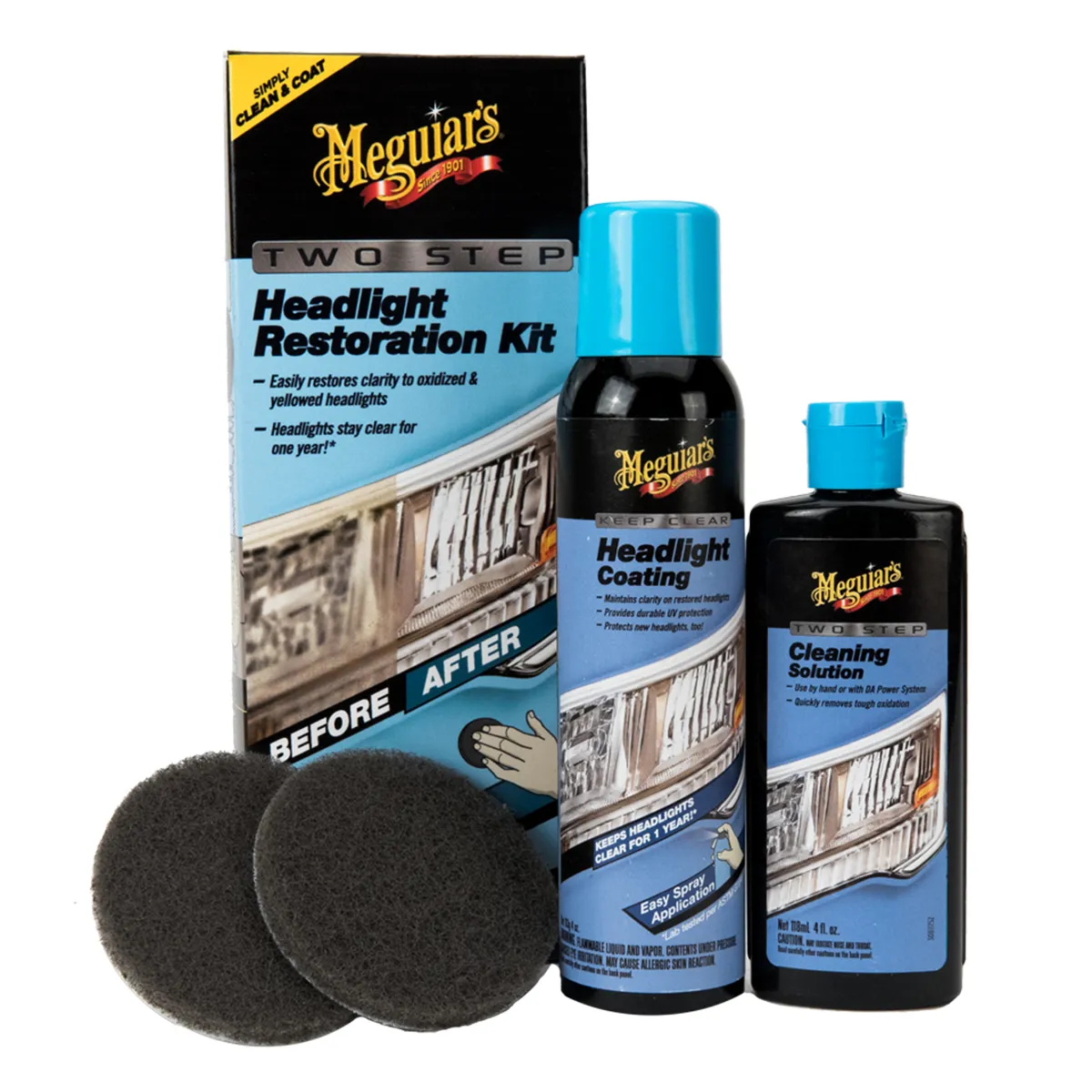 Meguiar's Two Step Headlight Restoration Kit with coating spray, cleaning solution and pads