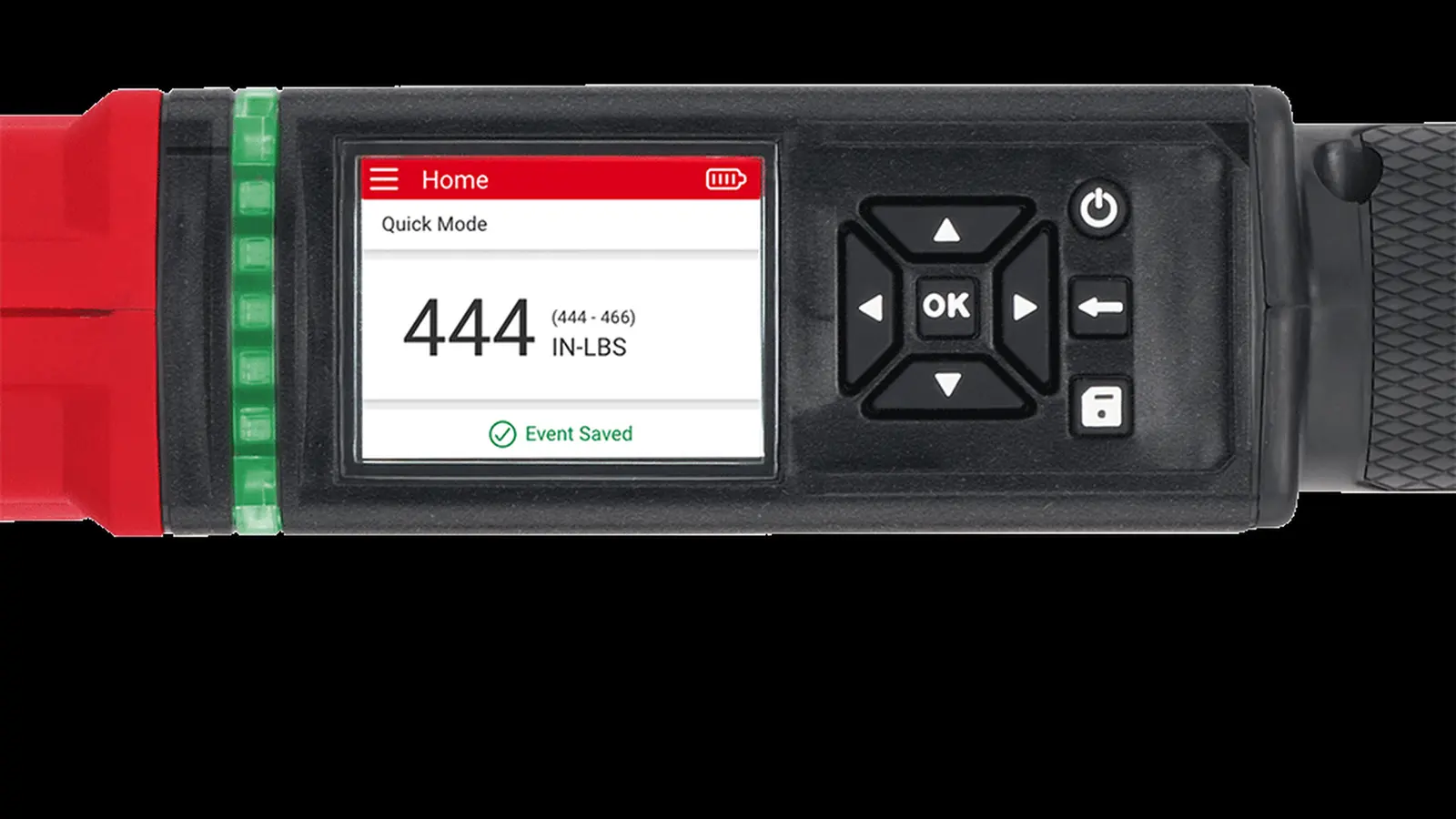 Close-up of the Milwaukee M12 FUEL digital torque wrench colour display, keypad and green LED target ring