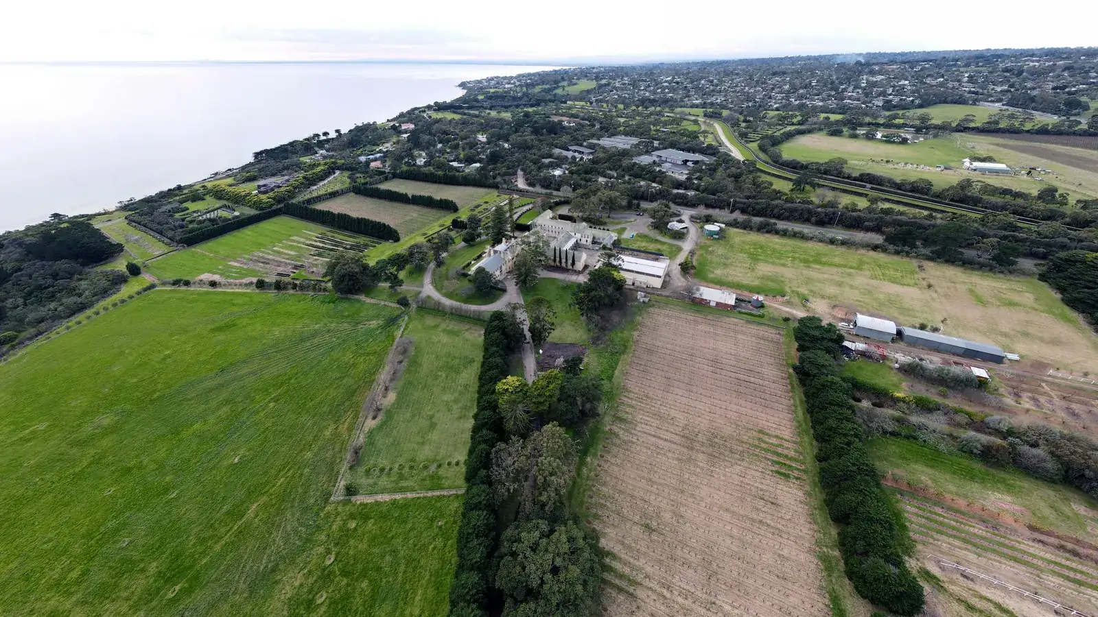 Aerial view of farmland, vineyards and tree lines on the Mornington Peninsula with the bay behind
