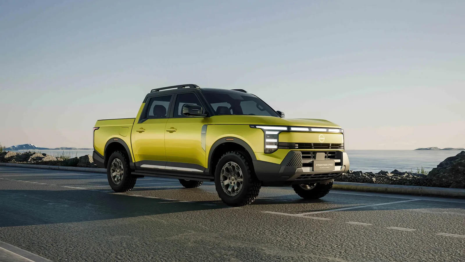 Nissan Frontier Pro plug-in hybrid ute in yellow parked at a coastal lookout with the ocean behind