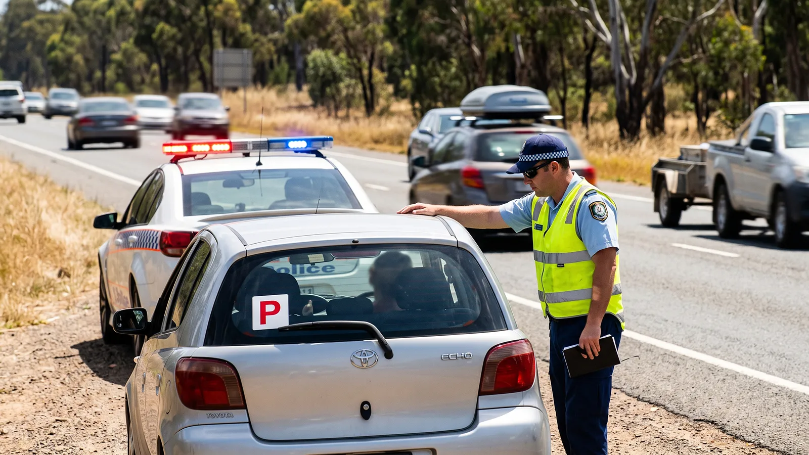 Police officer speaking to the driver of a small silver hatchback with a red P-plate stopped on a highway shoulder