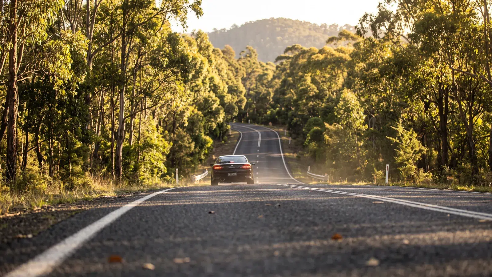 Black Nissan Silvia S15 driving away down a tree-lined road, shot low from the road surface