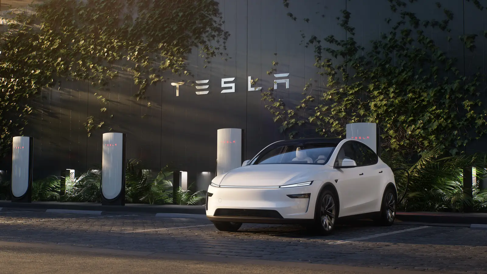 White Tesla Model Y parked beside a row of Tesla Supercharger stalls under a lit Tesla sign