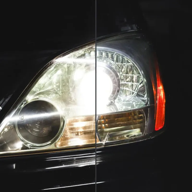 Headlight beam before and after restoration at night, dim yellow light beside bright clear light