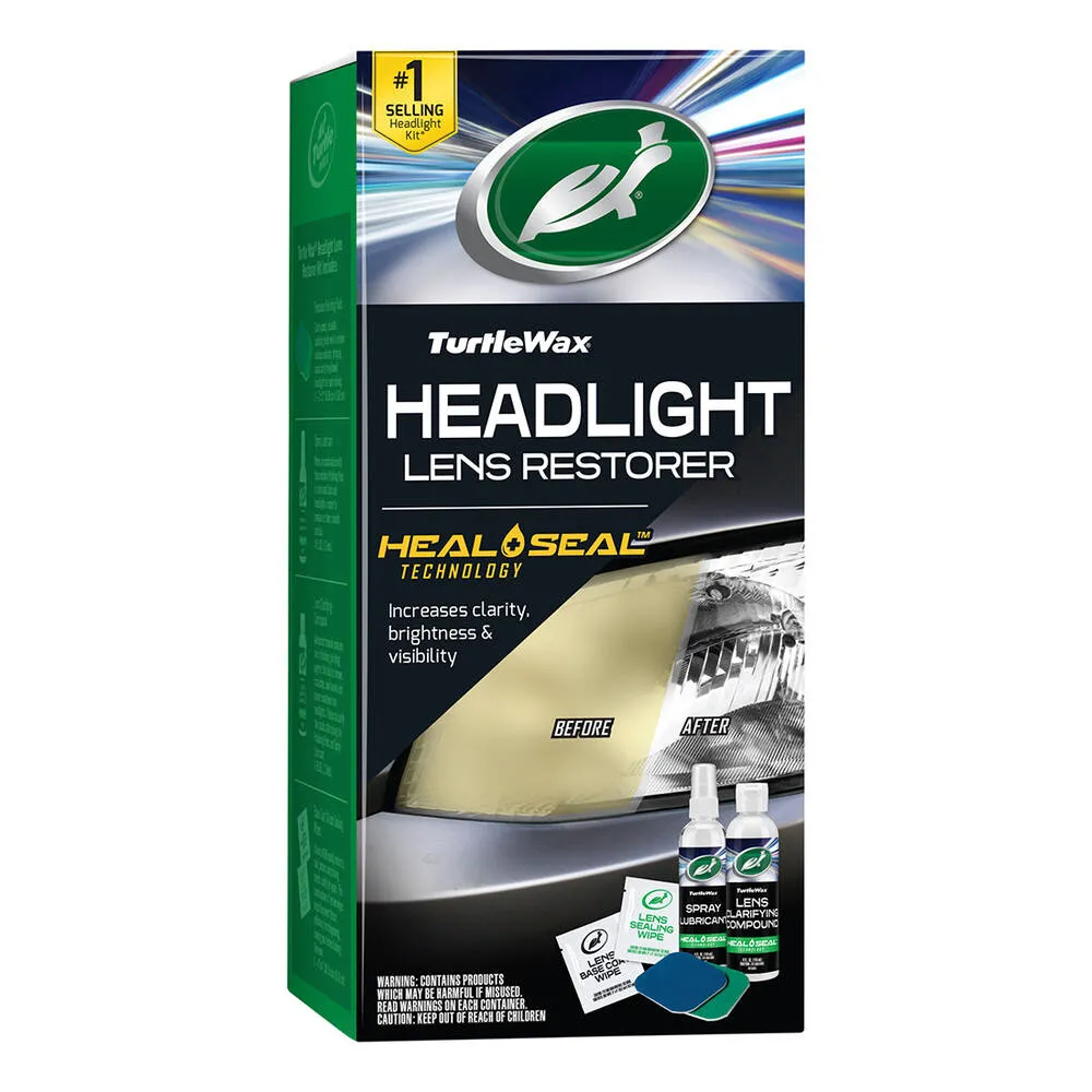 Turtle Wax Headlight Lens Restorer kit box with Heal and Seal technology