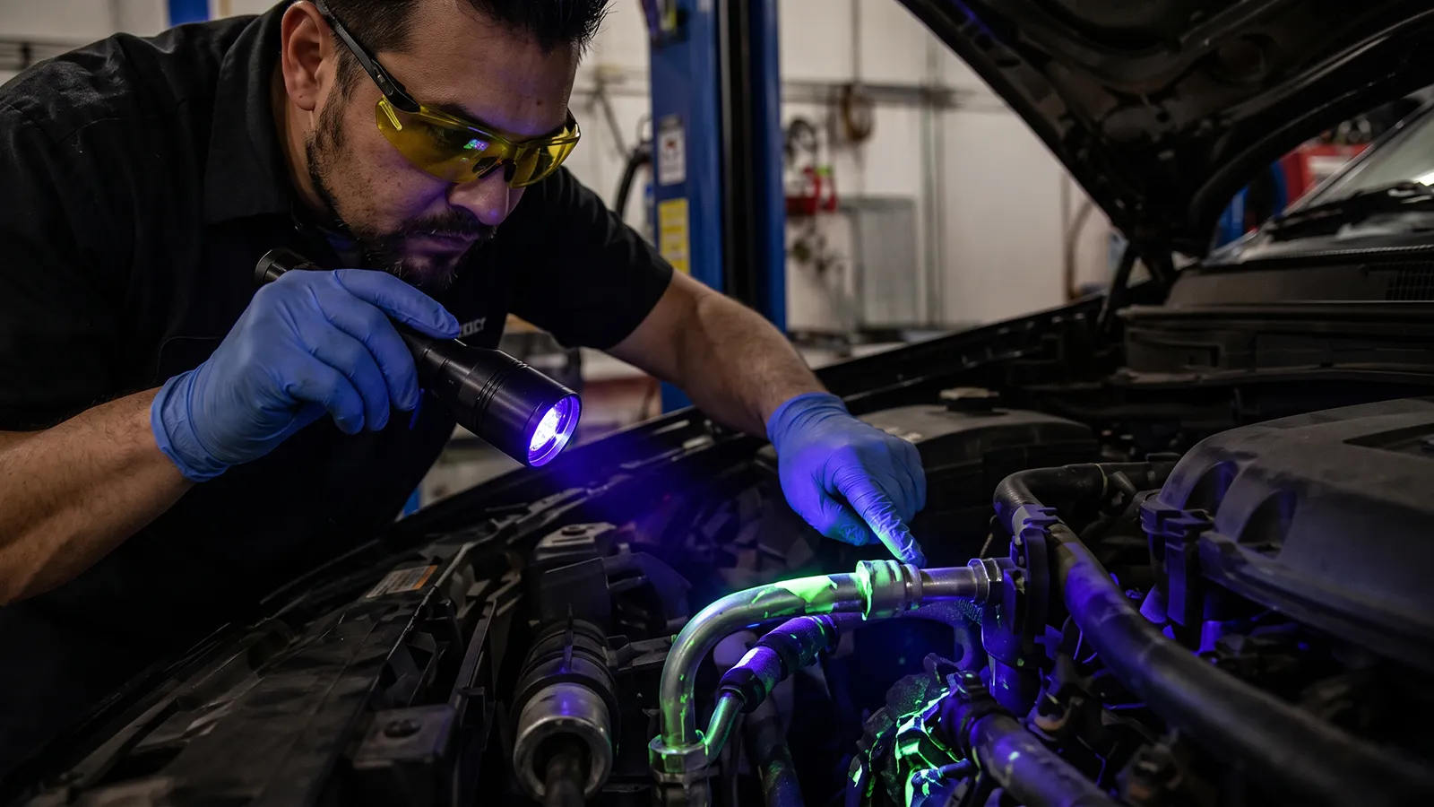 Technician using a UV torch to reveal glowing leak-detection dye on a car air conditioning line