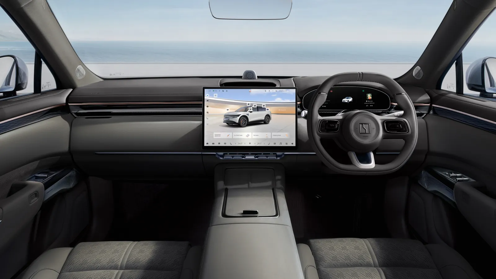 Right-hand-drive Zeekr 7X dashboard with the 16-inch central touchscreen and slim driver display
