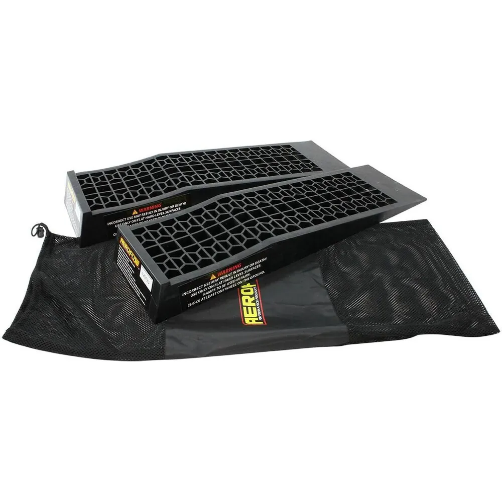 Pair of black Aeroflow AF98-2109 plastic low profile car ramps with their mesh carry bag