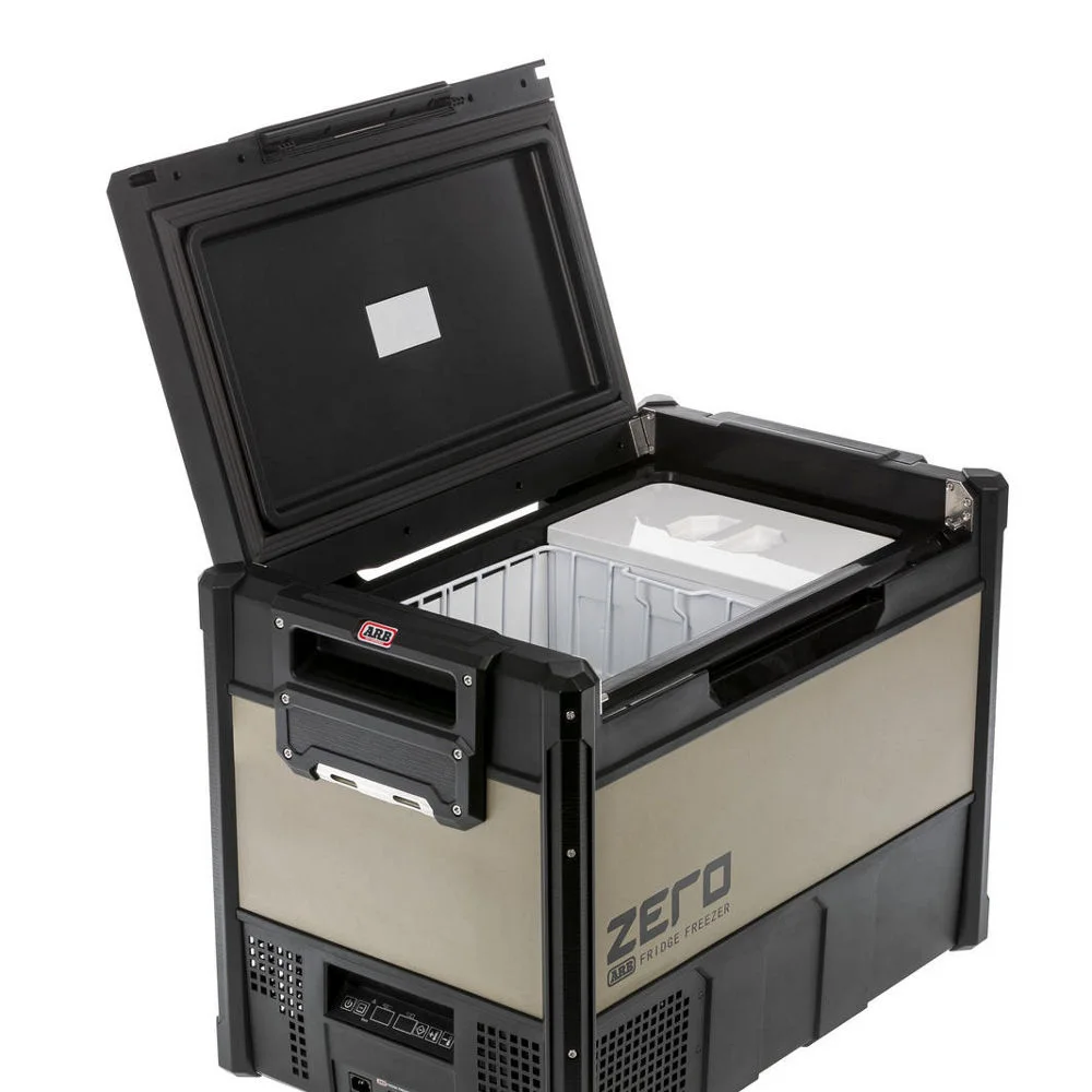 ARB Zero 69L dual-zone fridge freezer with its side-opening lid raised to show the main compartment