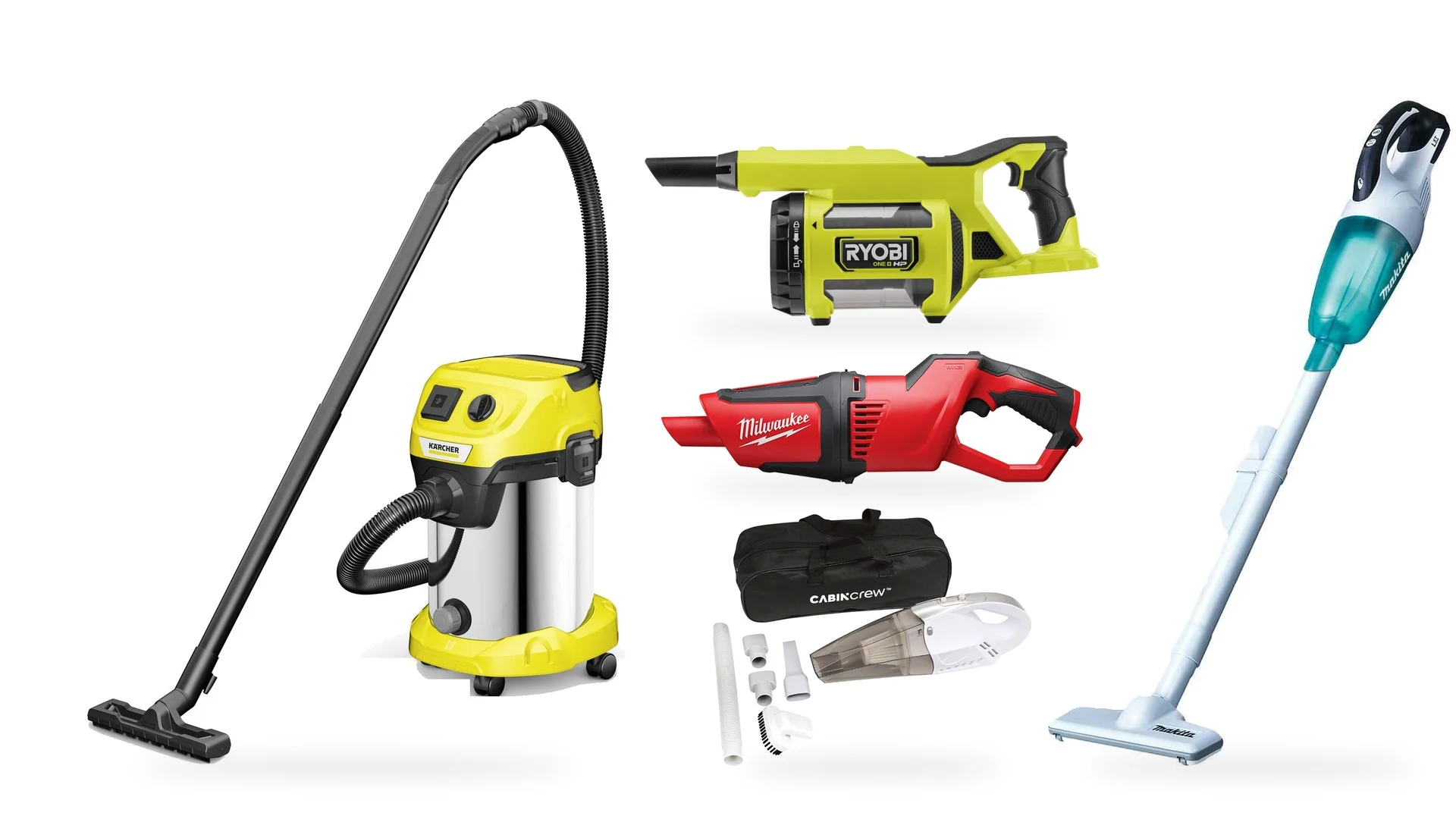 Best car vacuum cleaners Australia 2026 line-up Kärcher WD 3 P S wet and dry vacuum, Ryobi and Milwaukee hand vacuums, Cabin Crew 12V car vacuum kit and Makita stick vacuum