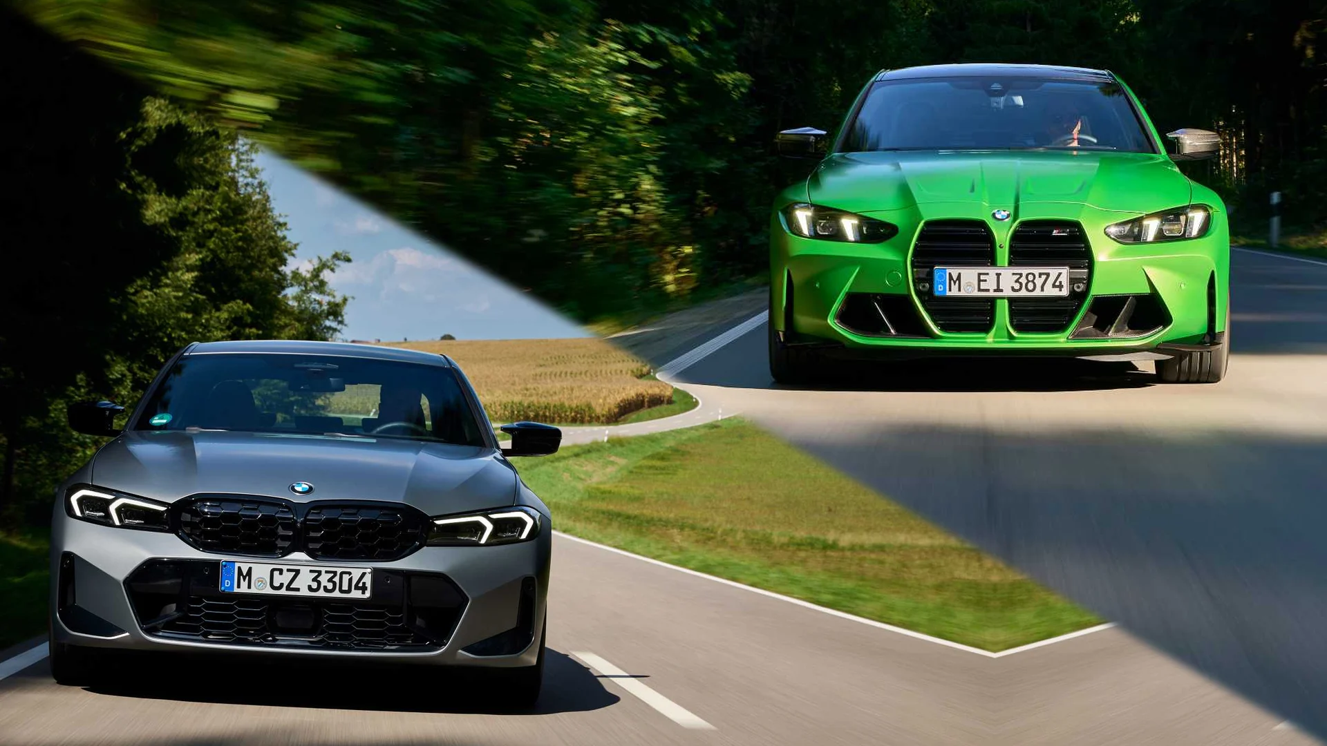 BMW M340i xDrive vs BMW M3 Competition Grey BMW M340i xDrive sedan and green BMW M3 Competition sedan driving head-on in a diagonal split image