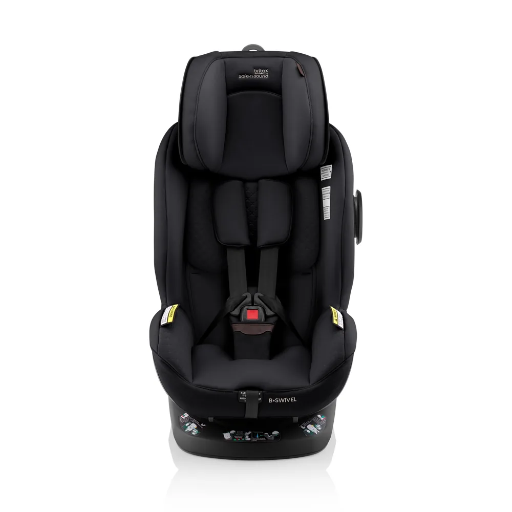 Britax Safe-n-Sound B-Swivel Lux 360 rotating convertible car seat in Onyx Black, front studio view