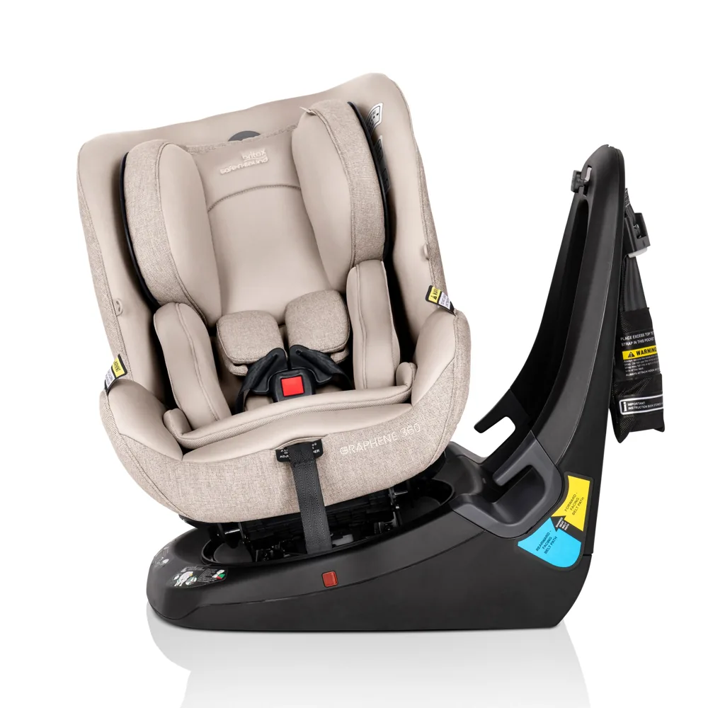 Britax Safe-n-Sound Graphene 360 rotating convertible car seat in Oat, rotated toward the door on its base