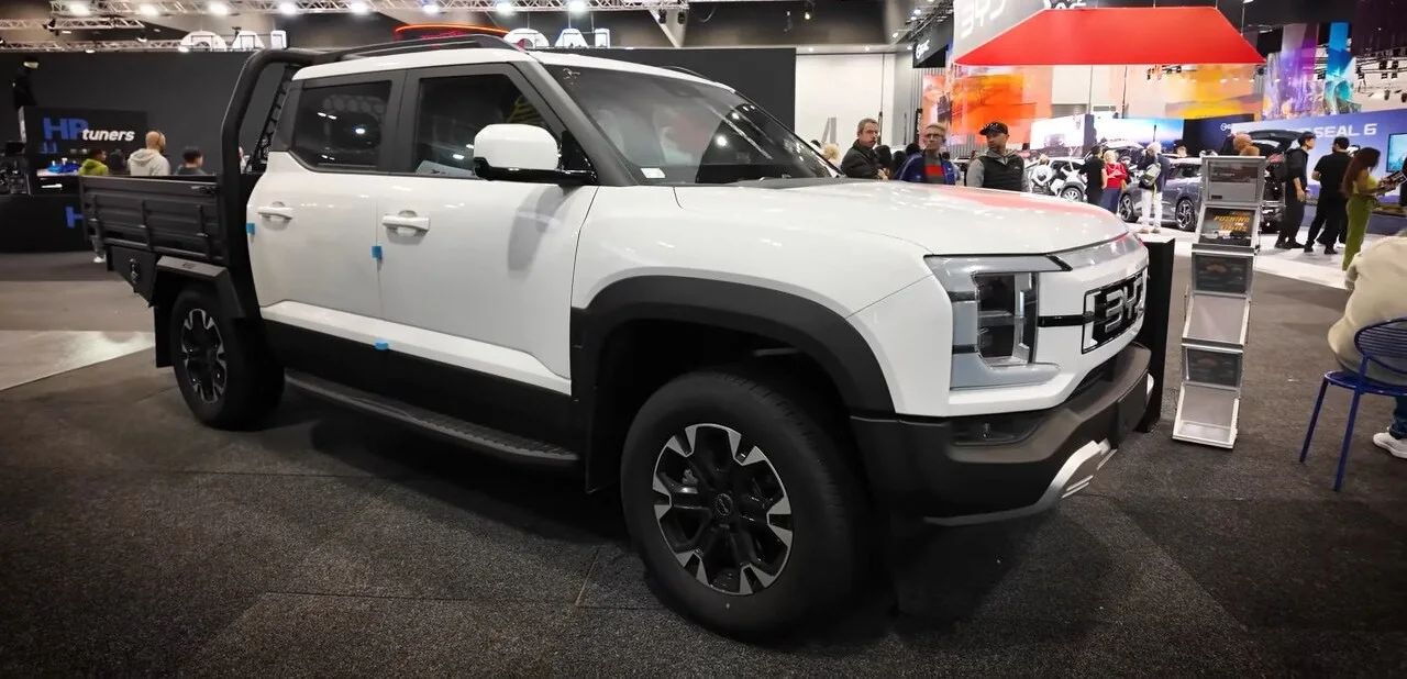 White BYD Shark 6 Dynamic Cab Chassis with alloy tray on display at the 2026 Melbourne Motor Show