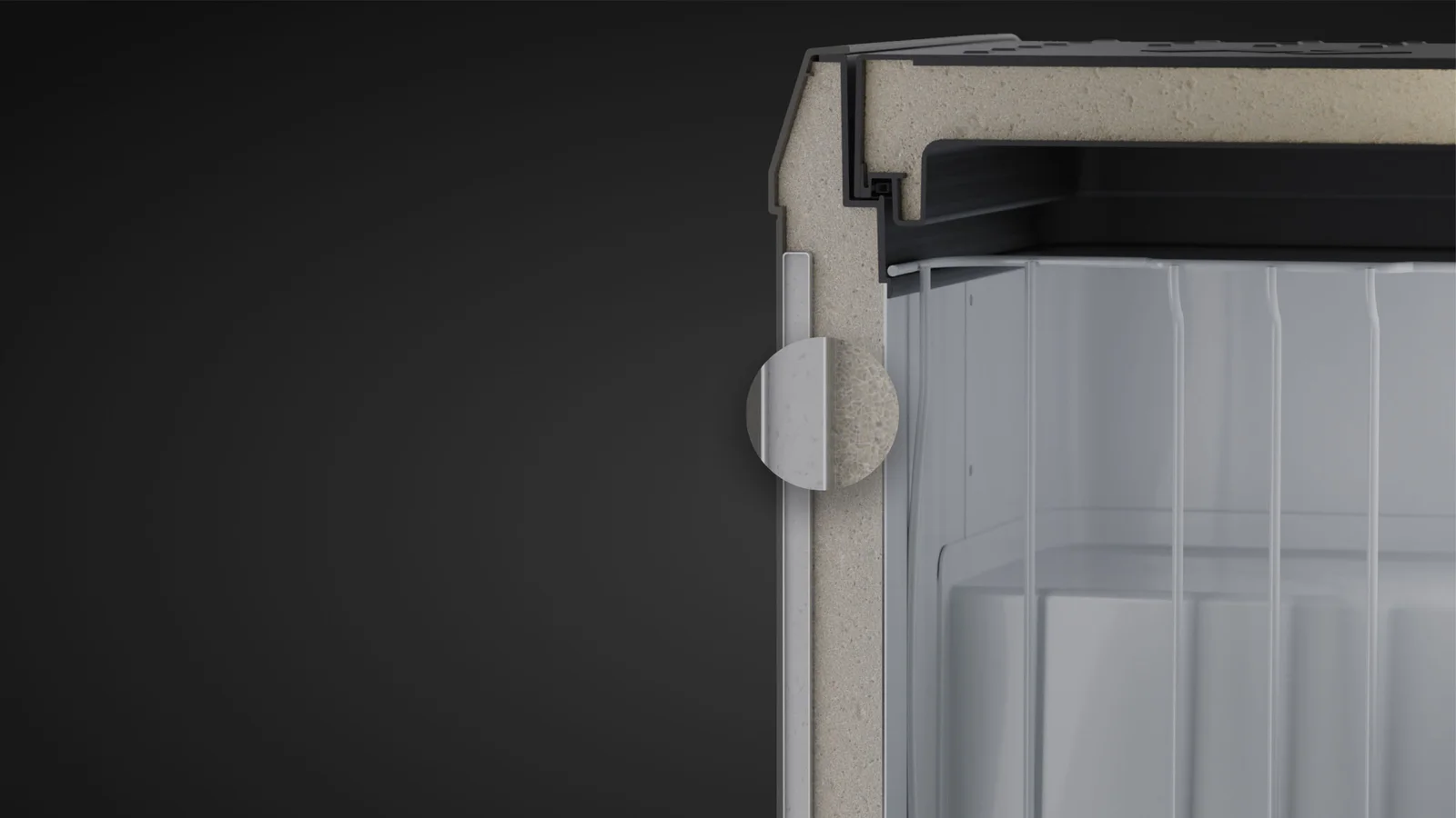 Cutaway of a Dometic CFX5 fridge wall showing the vacuum insulated panel inside the cabinet