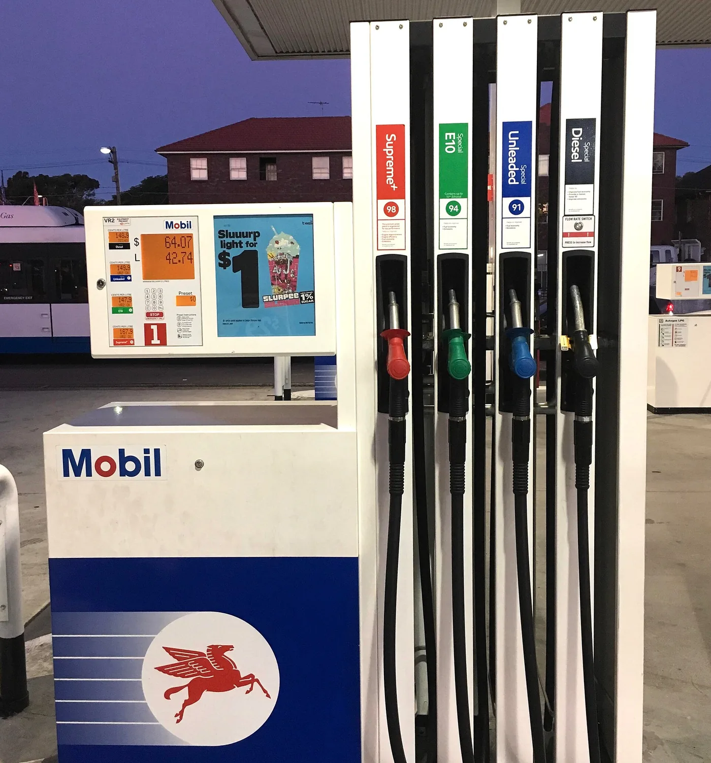 Mobil bowser in Sydney with nozzles labelled Supreme+ 98, E10 94, unleaded 91 and diesel