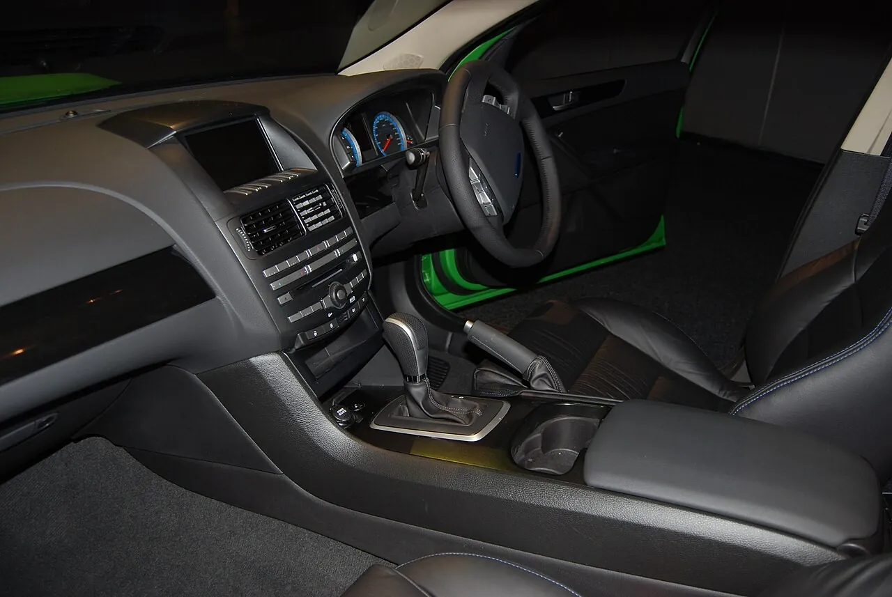 Dashboard, centre screen and automatic shifter of a Ford FG Falcon XR sedan at its 2008 launch