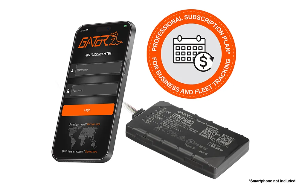 Gator GTKPRO3 4G hardwired GPS tracker unit beside a smartphone showing the Gator tracking app login