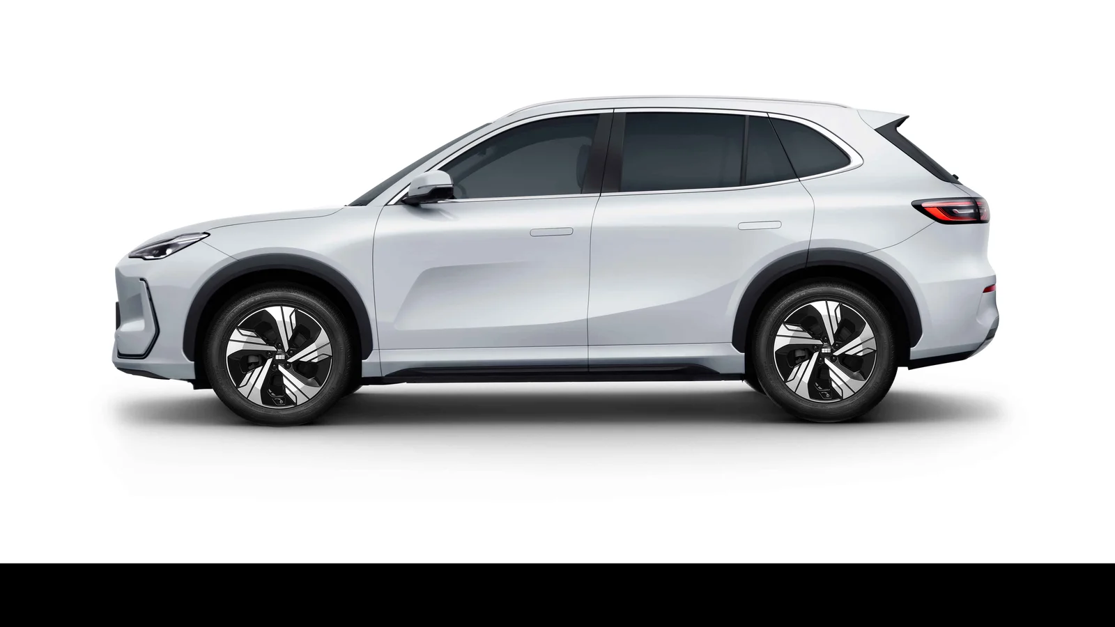 White Geely EX5 electric SUV in side profile on a plain studio background