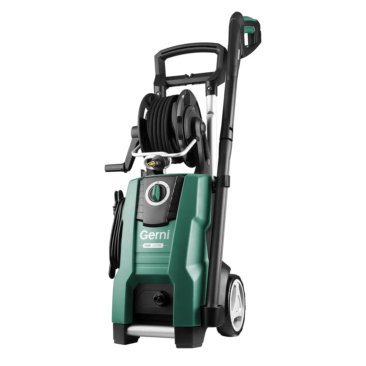 Green Gerni 5400 GPW-5400 electric pressure washer with integrated hose reel and handle, studio shot