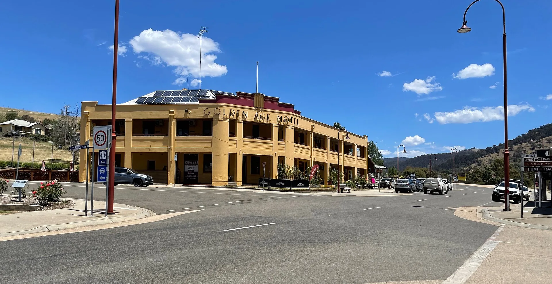 The two-storey Golden Age Hotel on the corner of Day Avenue in Omeo under a blue sky in 2025