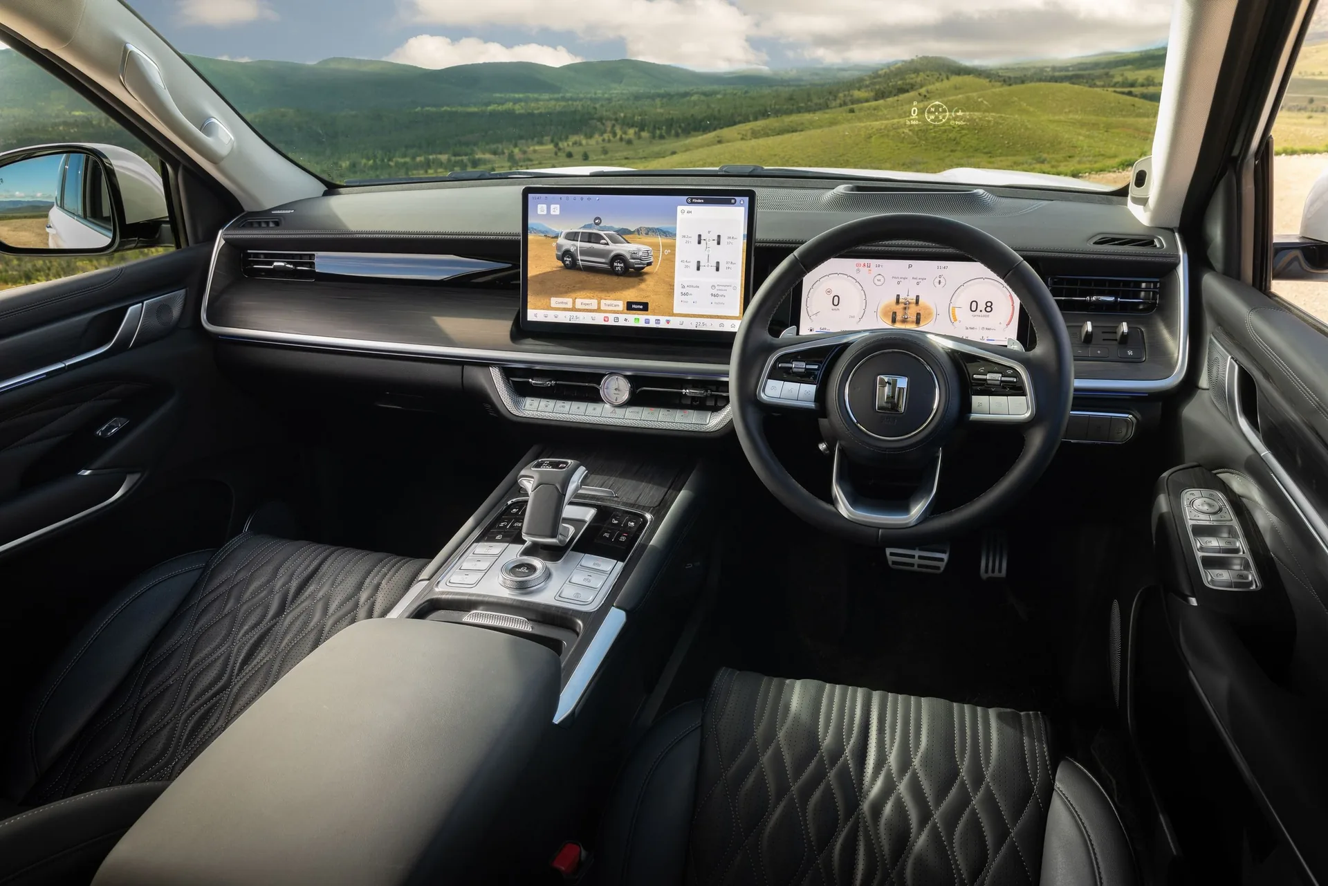 GWM Tank 500 diesel cabin with a wide central touchscreen, digital cluster, quilted leather seats and console