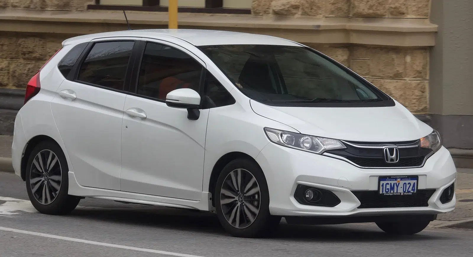 White 2018 Honda Jazz VTi-S hatch, a popular first car with a CVT, parked in Fremantle