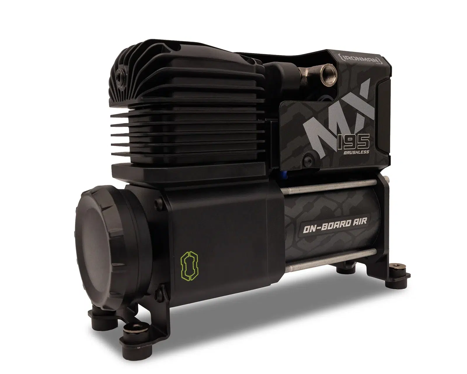 Ironman 4x4 MX195 brushless on-board air compressor in black, designed to be hard-mounted in a 4WD