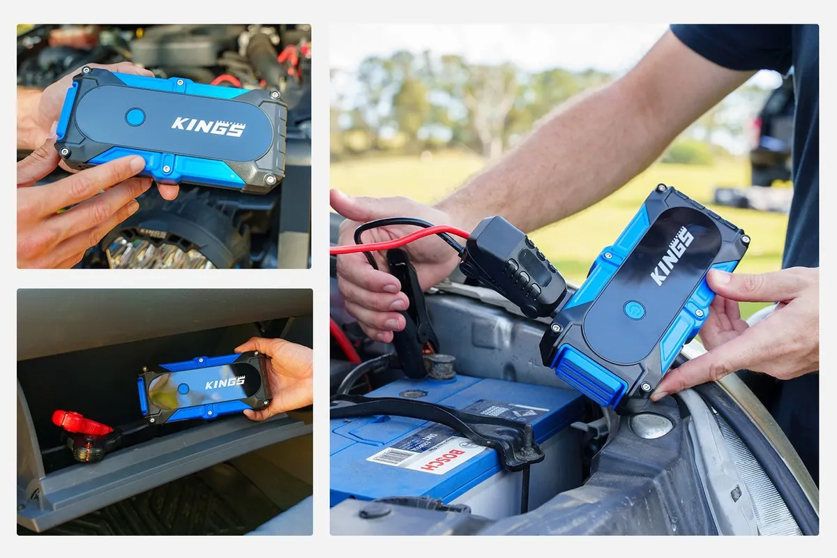 Three panels showing a compact lithium jump starter in an engine bay, connected to a battery and stored in a glovebox