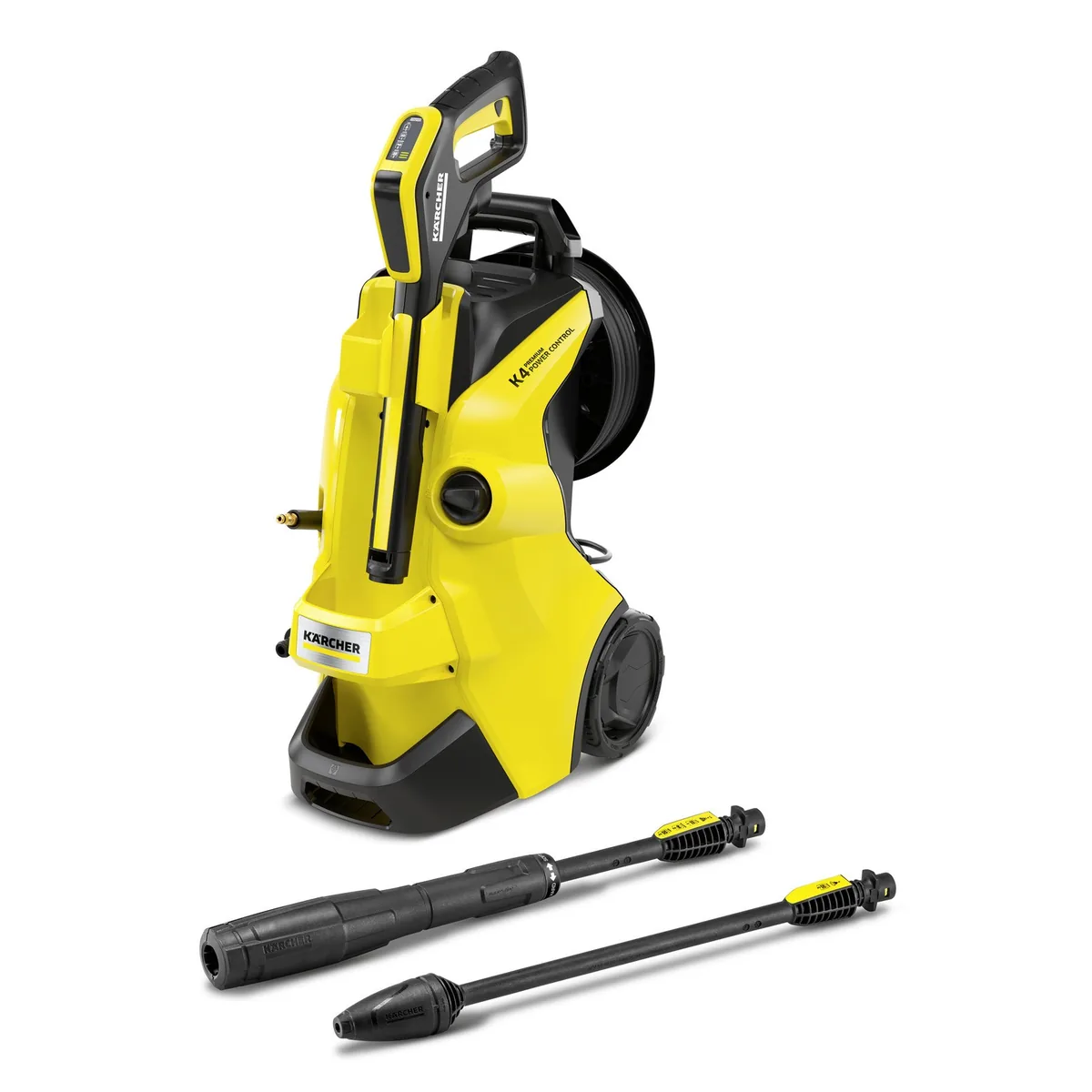 Yellow Karcher K4 Premium Power Control pressure washer with hose reel, Power Control gun, lances and surface cleaner